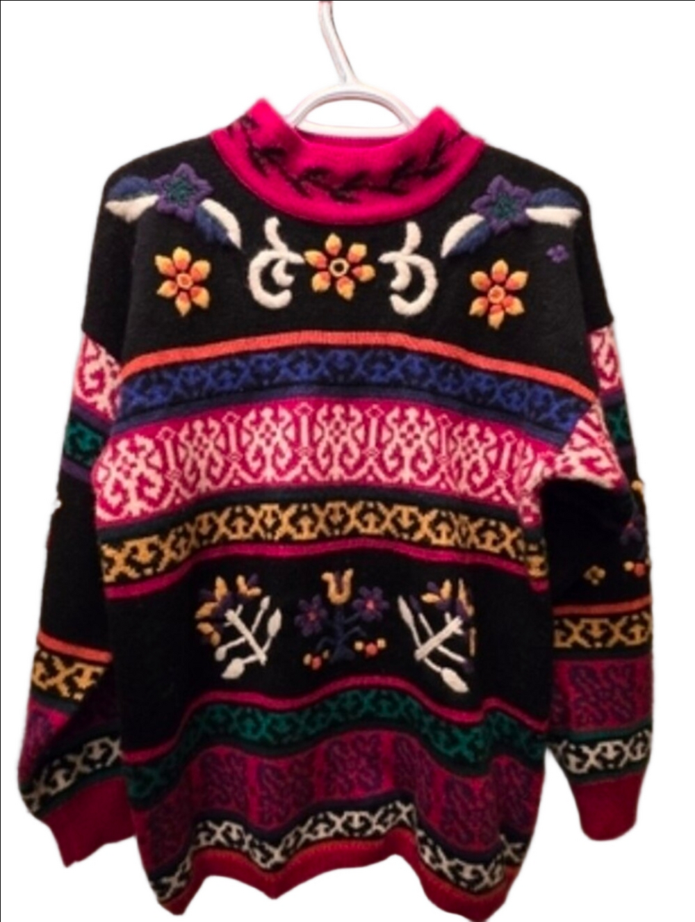 René Derhy Paris Embroidered Folk Boho Wool Blend Sweater Vintage Style S/M